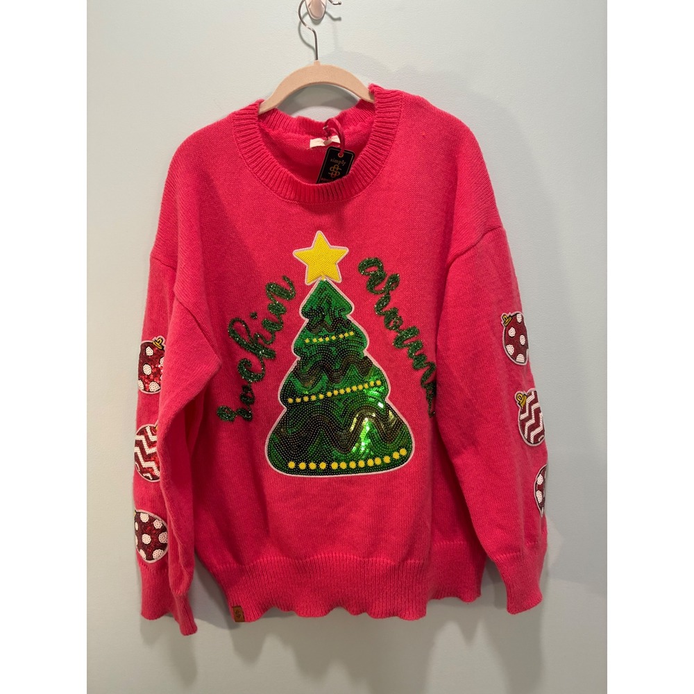 Simply Southern Rockin Around Christmas Tree Pink Sequin Sweater XXL NWT
